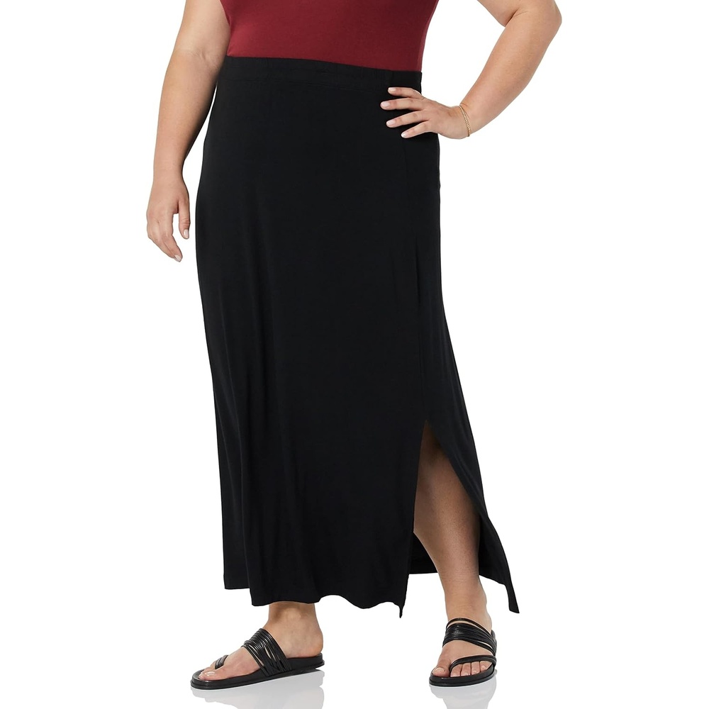 image:imageAmazon Essentials Womens Lightweight Knit Stretchy Maxi Skirt with Elastic Waistband Side SlitsBlack