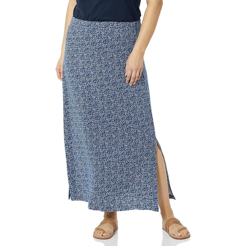 image:imageAmazon Essentials Womens Lightweight Knit Stretchy Maxi Skirt with Elastic Waistband Side SlitsNavy Animal Dot