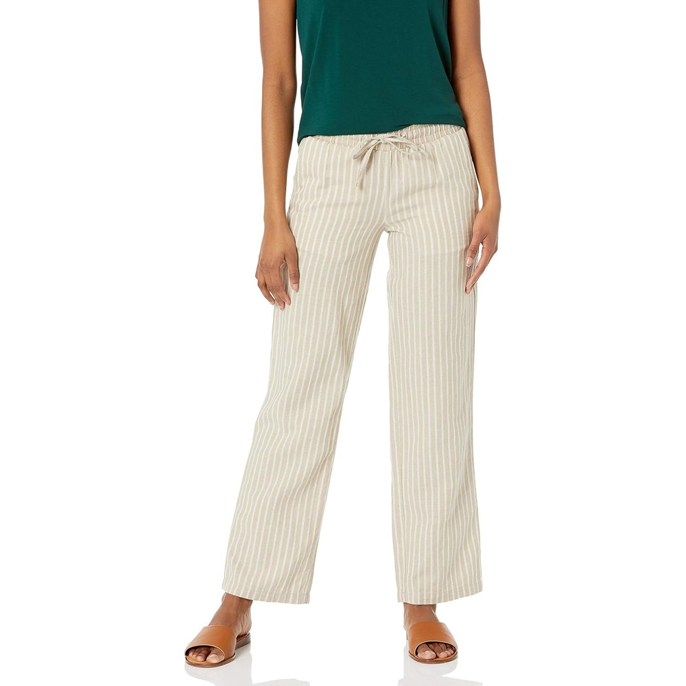 image:imageAmazon Essentials Womens Linen Blend Drawstring Relaxed Fit Wide Leg Pants Available in Plus SizeEcru Stripe