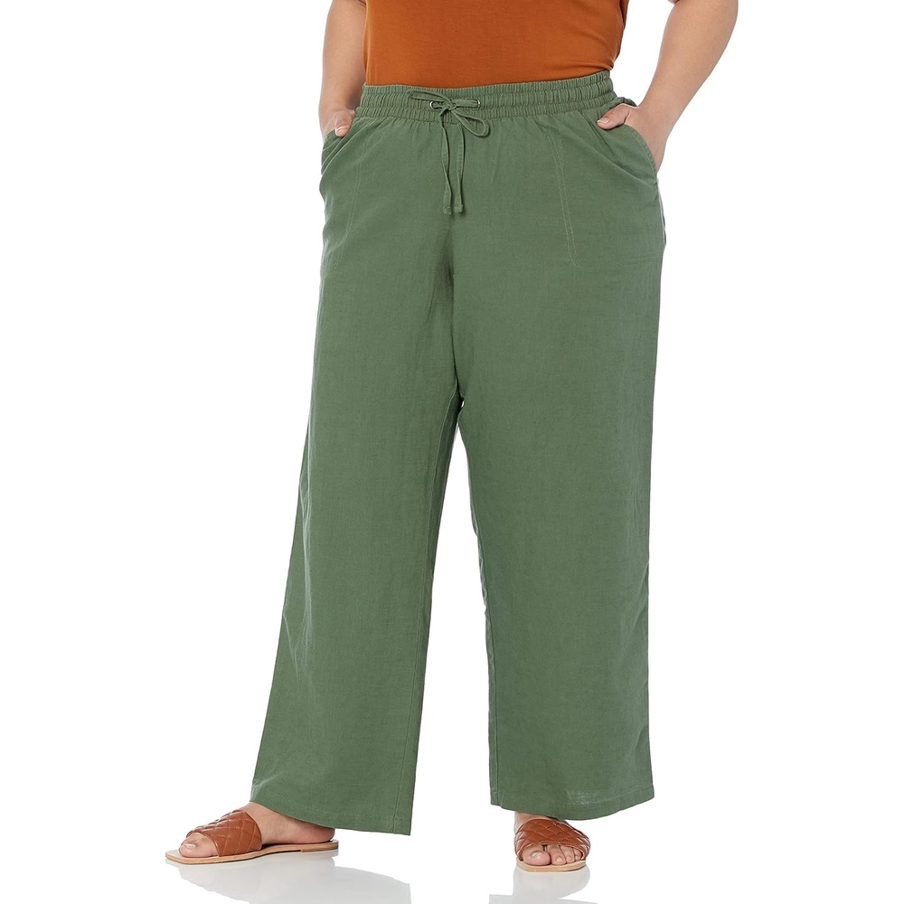 image:imageAmazon Essentials Womens Linen Blend Drawstring Relaxed Fit Wide Leg Pants Available in Plus SizeMilitary Green