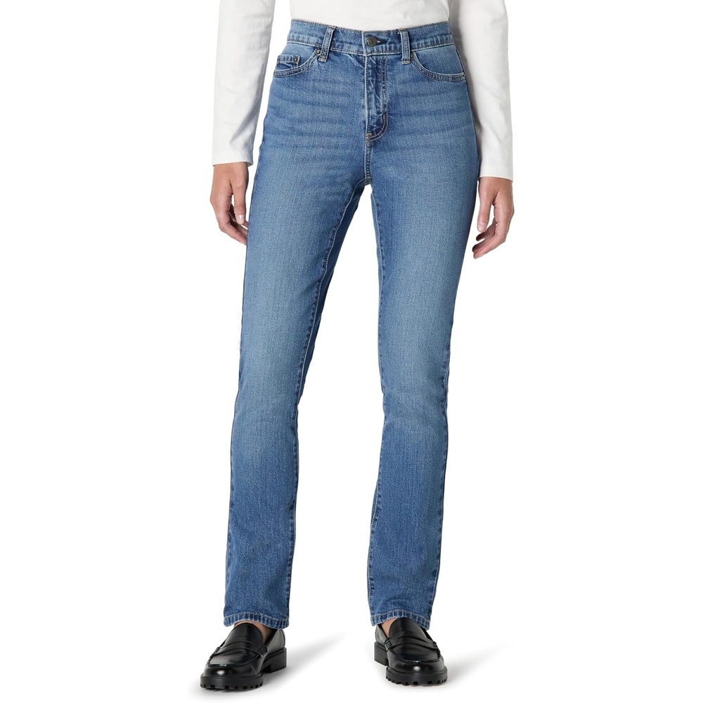 image:imageAmazon Essentials Womens Medium Stretch SlimFit MidRise Straight Leg JeansMedium Blue Vintage