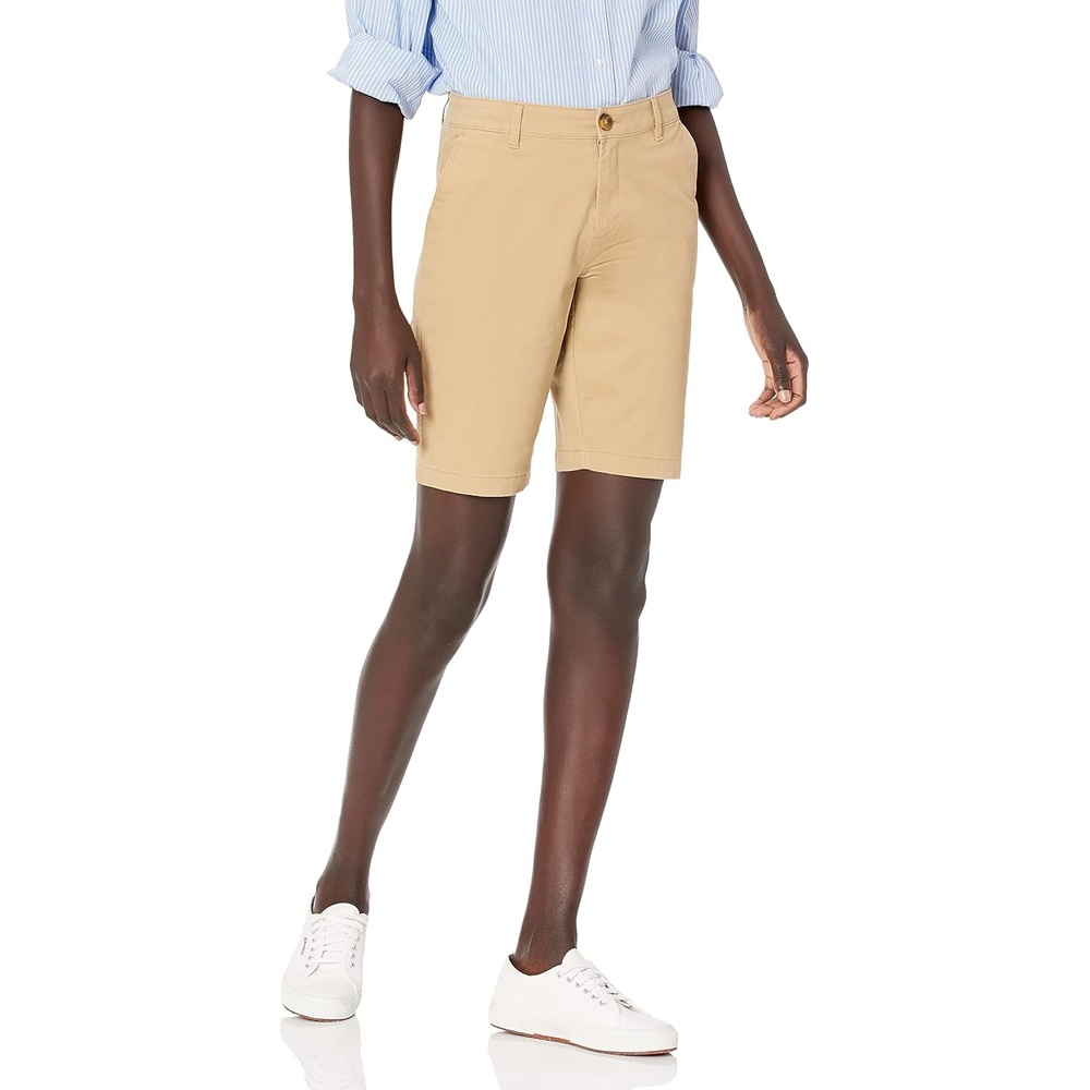 image:imageAmazon Essentials Womens MidRise SlimFit 10 Inseam Bermuda Chino ShortsKhaki Brown