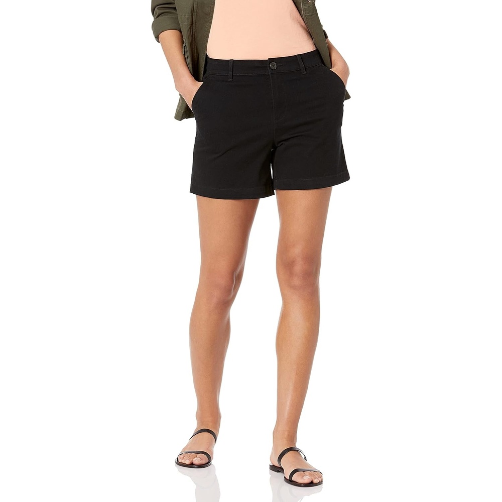 image:imageAmazon Essentials Womens MidRise SlimFit 5 Inch Inseam Khaki Shorts Available in Straight and Curvy FitsBlack