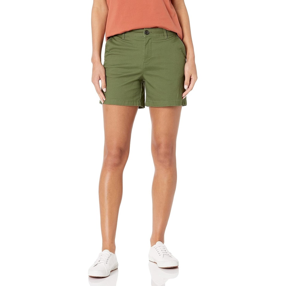image:imageAmazon Essentials Womens MidRise SlimFit 5 Inch Inseam Khaki Shorts Available in Straight and Curvy FitsOlive