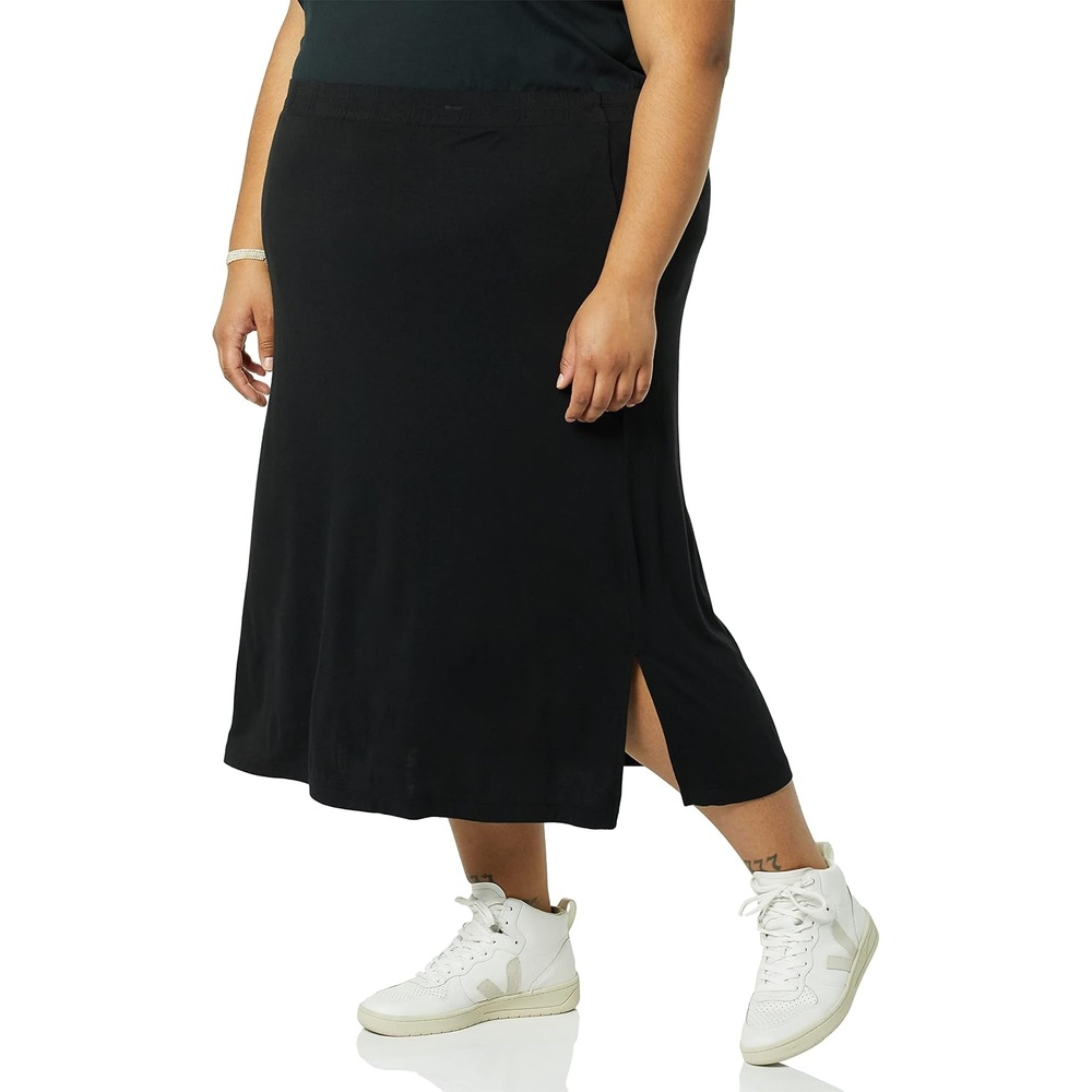 image:imageAmazon Essentials Womens PullOn Knit Midi Skirt with Elastic Waist SlitsBlack
