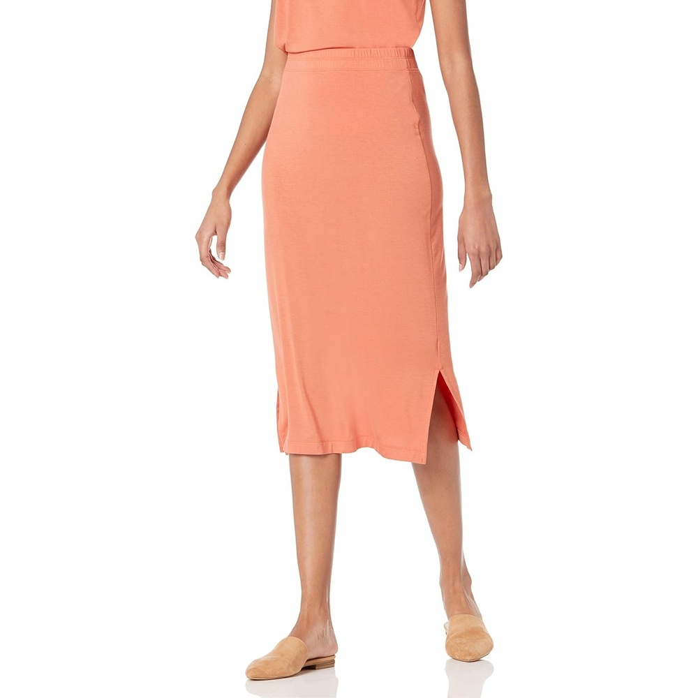 image:imageAmazon Essentials Womens PullOn Knit Midi Skirt with Elastic Waist SlitsRust Orange