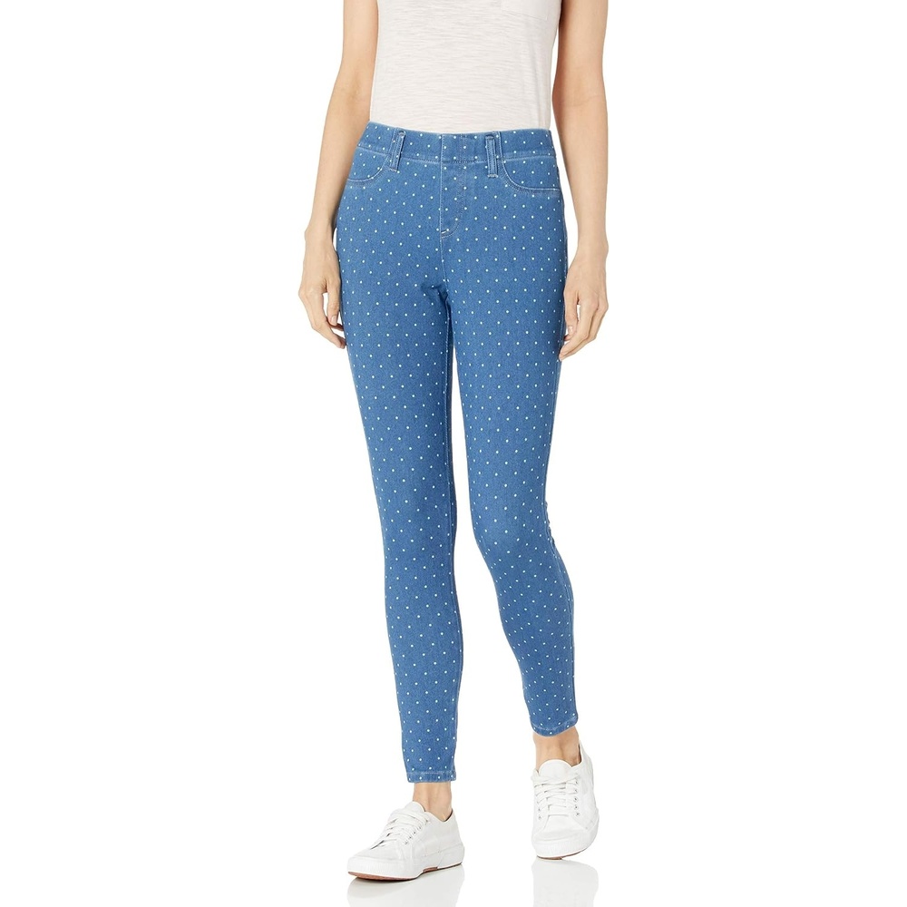 image:imageAmazon Essentials Womens PullOn Mid Rise Stretchy Knit Jegging Available in Plus SizeIndigo Wash White Dots
