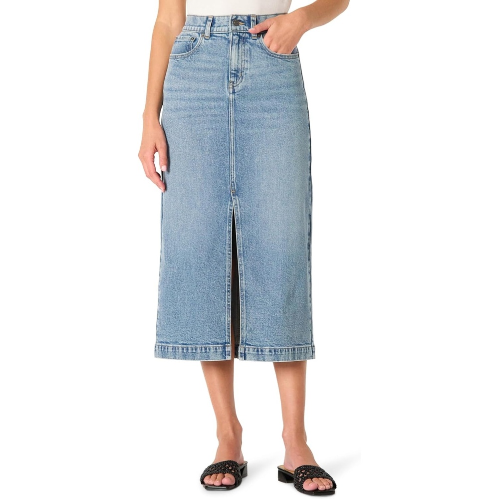 image:imageAmazon Essentials Womens RegularFit HighRise Long Jean Skirt with Slight Aline Silhouette 5 Pocket StylingAuthentic Medium Wash