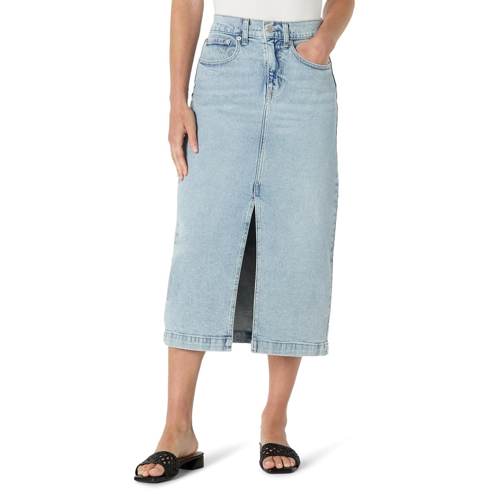 image:imageAmazon Essentials Womens RegularFit HighRise Long Jean Skirt with Slight Aline Silhouette 5 Pocket StylingIced Light Wash