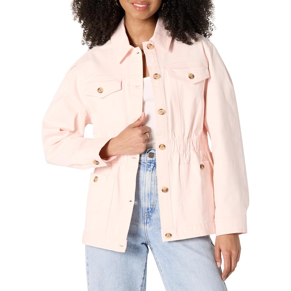 image:imageAmazon Essentials Womens RelaxedFit Dropped Shoulder Midweight Cotton Twill JacketRose