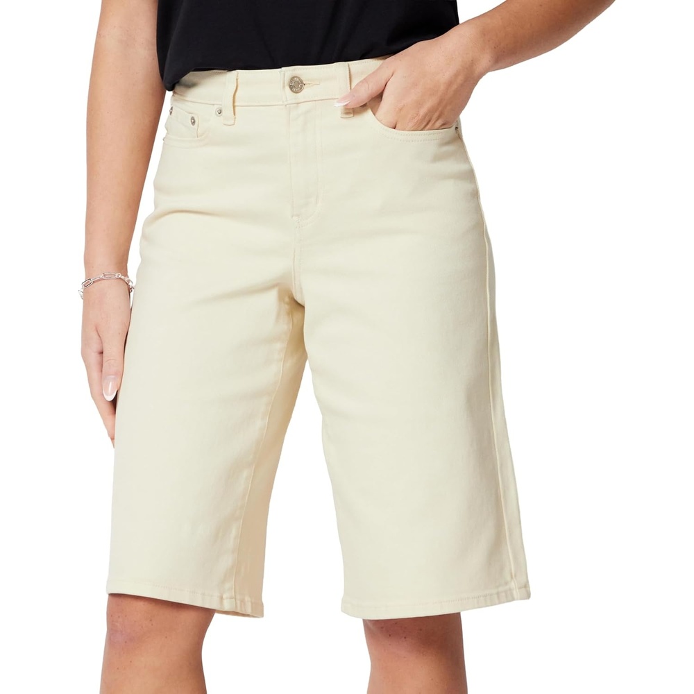 image:imageAmazon Essentials Womens RelaxedFit MidRise Long Jean ShortsEcru