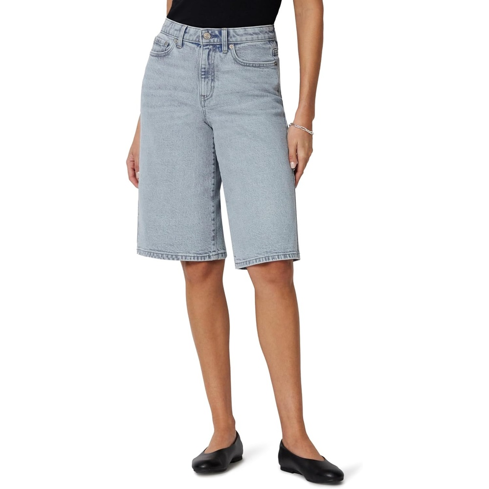 image:imageAmazon Essentials Womens RelaxedFit MidRise Long Jean ShortsTinted Ice Light Wash