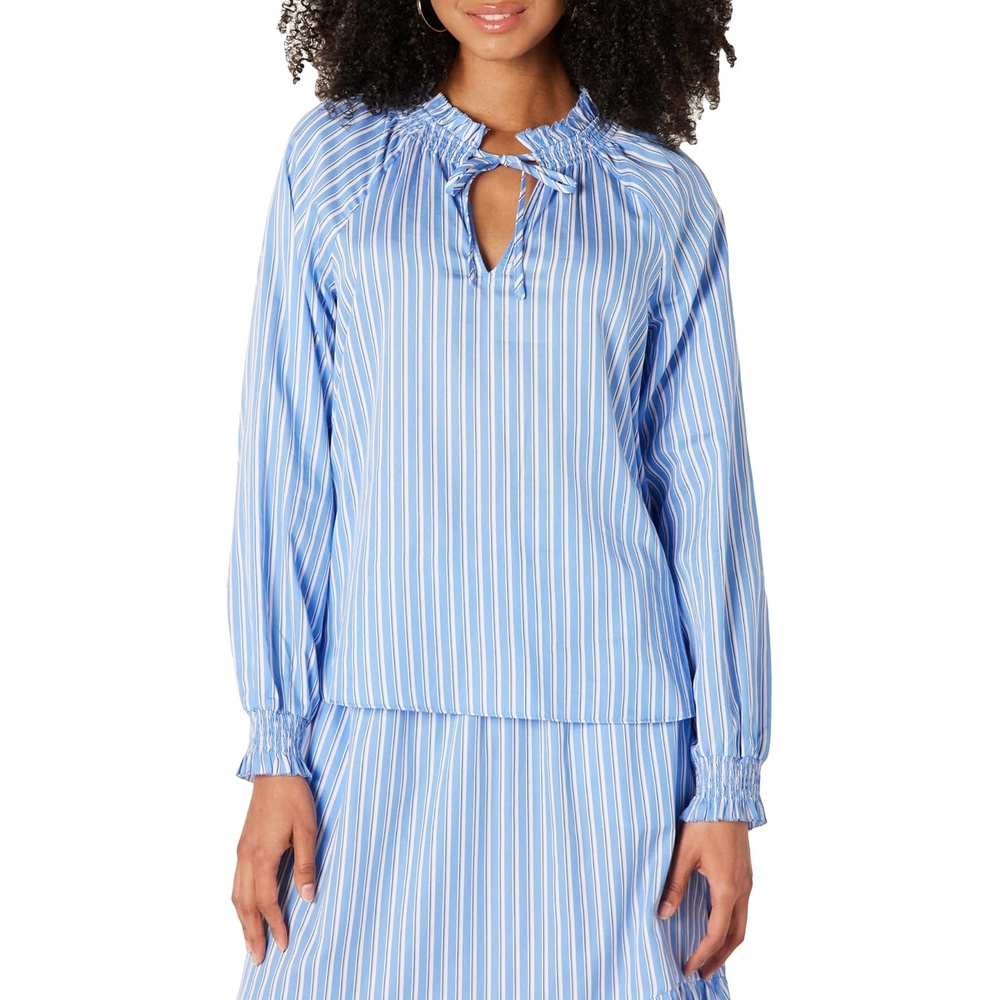image:imageAmazon Essentials Womens RelaxedFit RuffleNeck Cotton Sateen BlouseBlue White Stripe