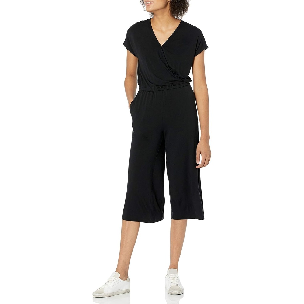 image:imageAmazon Essentials Womens ShortSleeve VNeck Surplice Cropped WideLeg Jumpsuit with Elastic WaistBlack