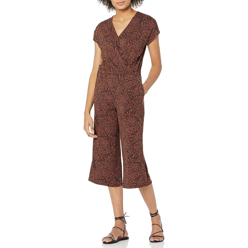 image:imageAmazon Essentials Womens ShortSleeve VNeck Surplice Cropped WideLeg Jumpsuit with Elastic WaistBrown Animal Print