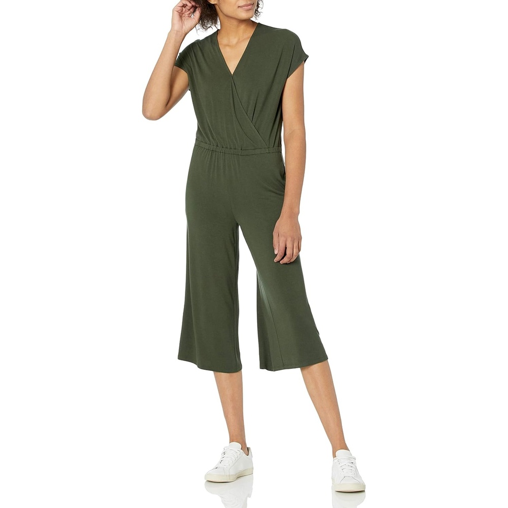 image:imageAmazon Essentials Womens ShortSleeve VNeck Surplice Cropped WideLeg Jumpsuit with Elastic WaistDark Olive