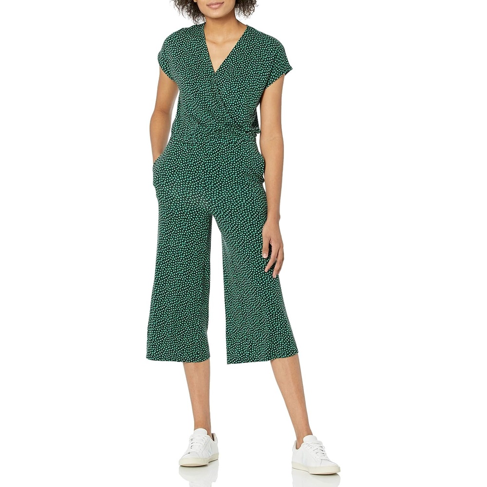 image:imageAmazon Essentials Womens ShortSleeve VNeck Surplice Cropped WideLeg Jumpsuit with Elastic WaistMini Cloud Print