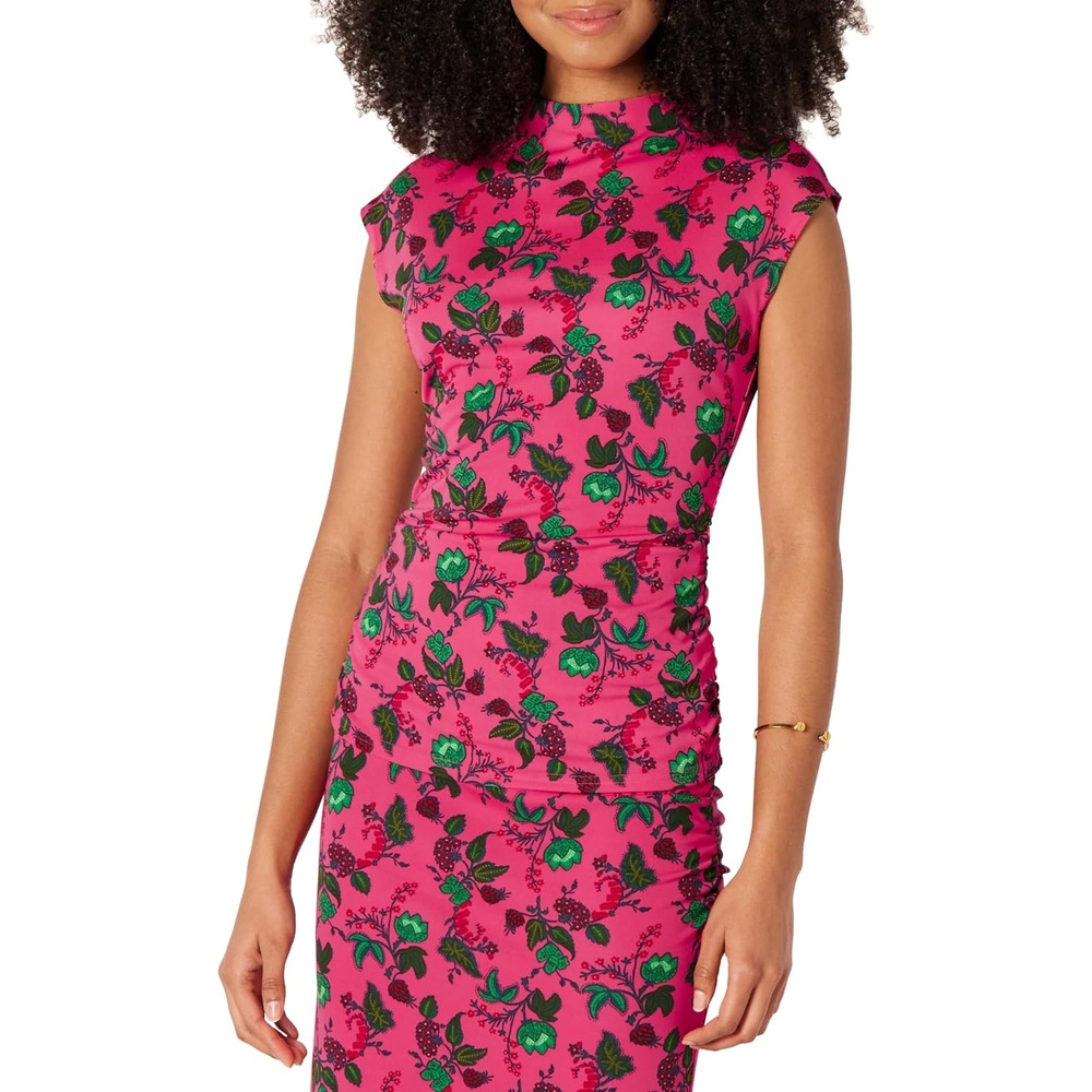 image:imageAmazon Essentials Womens SlimFit ExtendedSleeve Ruched Matte Jersey Top with Mock NeckHot Pink Leafy Floral Ditsy