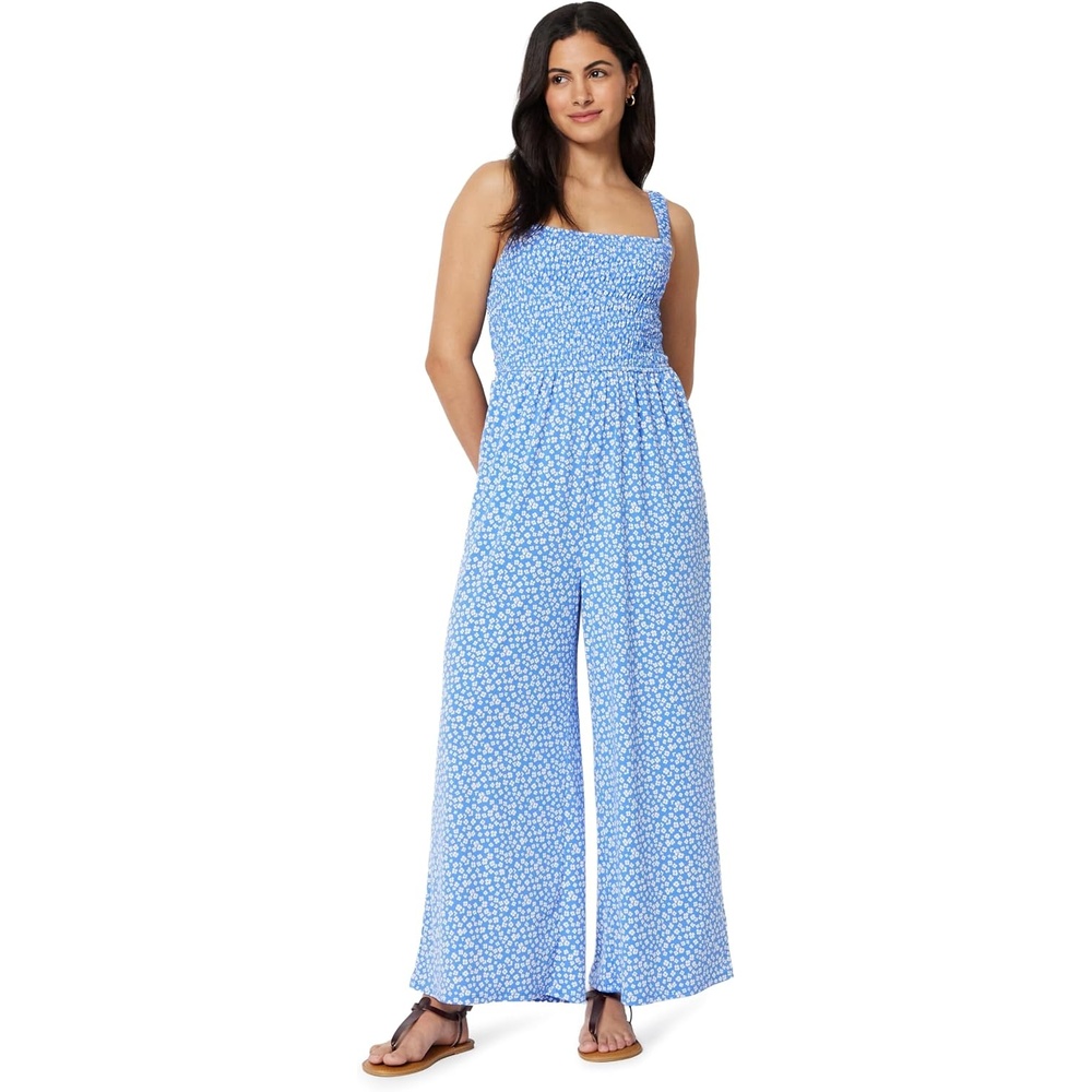 image:imageAmazon Essentials Womens Square Neck Wide Leg Sleeveless JumpsuitBlue Beige Ditsy Flower
