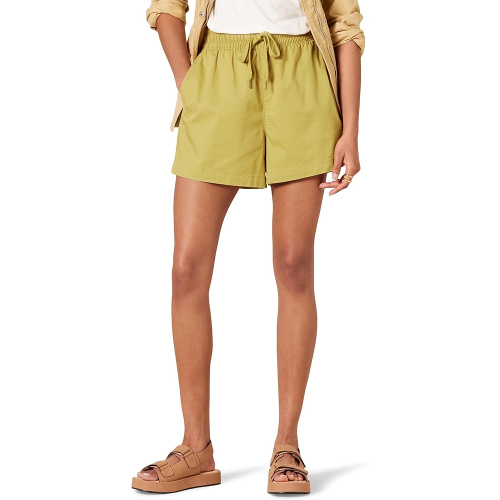 image:imageAmazon Essentials Womens Stretch Cotton MidRise PullOn RelaxedFit ShortsDark Yellow