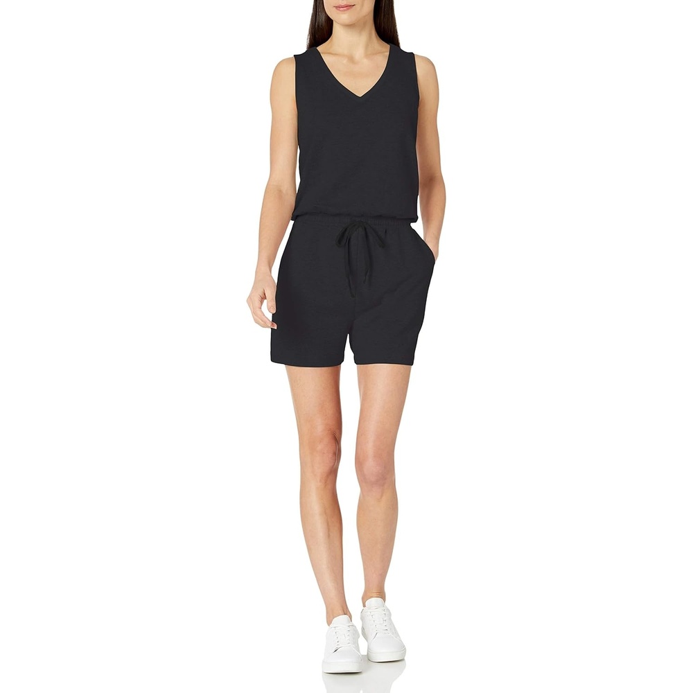 image:imageAmazon Essentials Womens Studio Terry V Neck Romper Stretchy Exercise Loungewear SoftBlack
