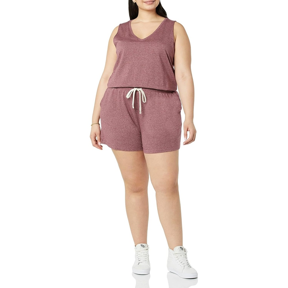 image:imageAmazon Essentials Womens Studio Terry V Neck Romper Stretchy Exercise Loungewear SoftPlum Heather
