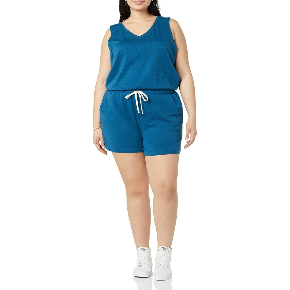 image:imageAmazon Essentials Womens Studio Terry V Neck Romper Stretchy Exercise Loungewear SoftTeal Blue