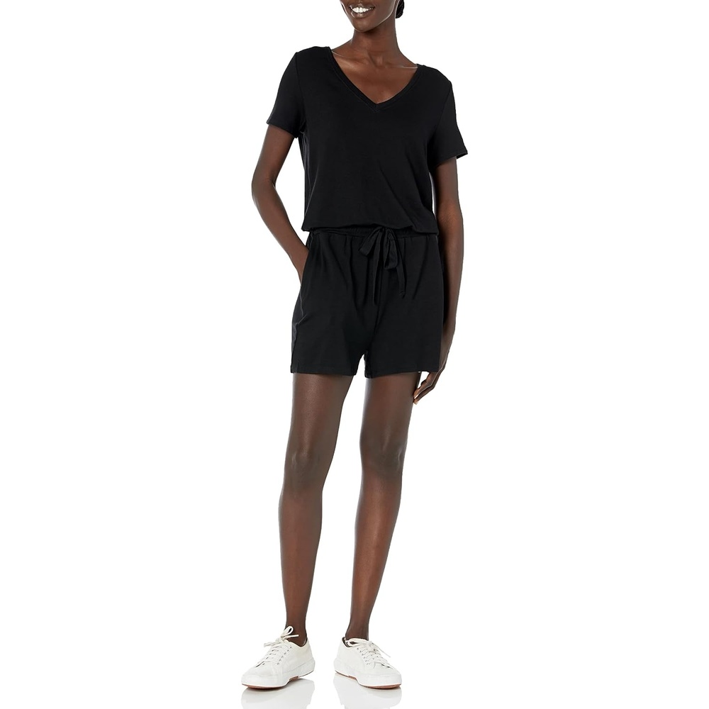 image:imageAmazon Essentials Womens Supersoft Terry ShortSleeve VNeck Romper Previously Daily RitualBlack