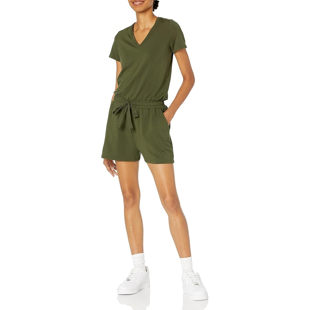 image:imageAmazon Essentials Womens Supersoft Terry ShortSleeve VNeck Romper Previously Daily RitualOlive