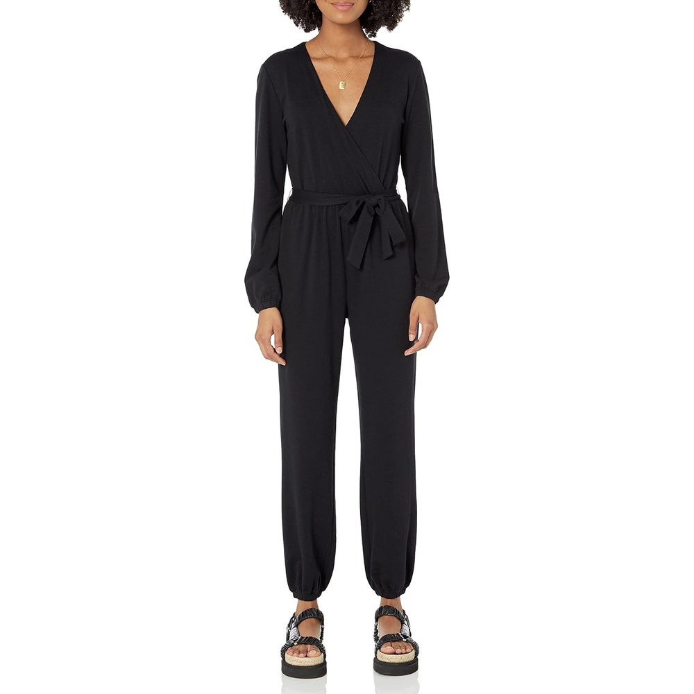 image:imageAmazon Essentials Womens Versatile Knit Surplice Jumpsuit with Sleeves Elastic Waist Available in Plus SizeBlack