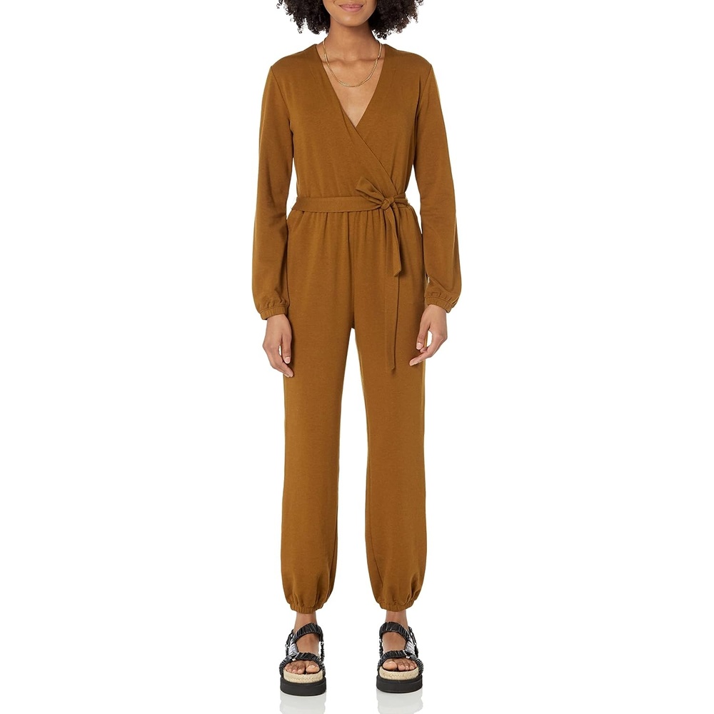 image:imageAmazon Essentials Womens Versatile Knit Surplice Jumpsuit with Sleeves Elastic Waist Available in Plus SizeDark Chestnut Brown