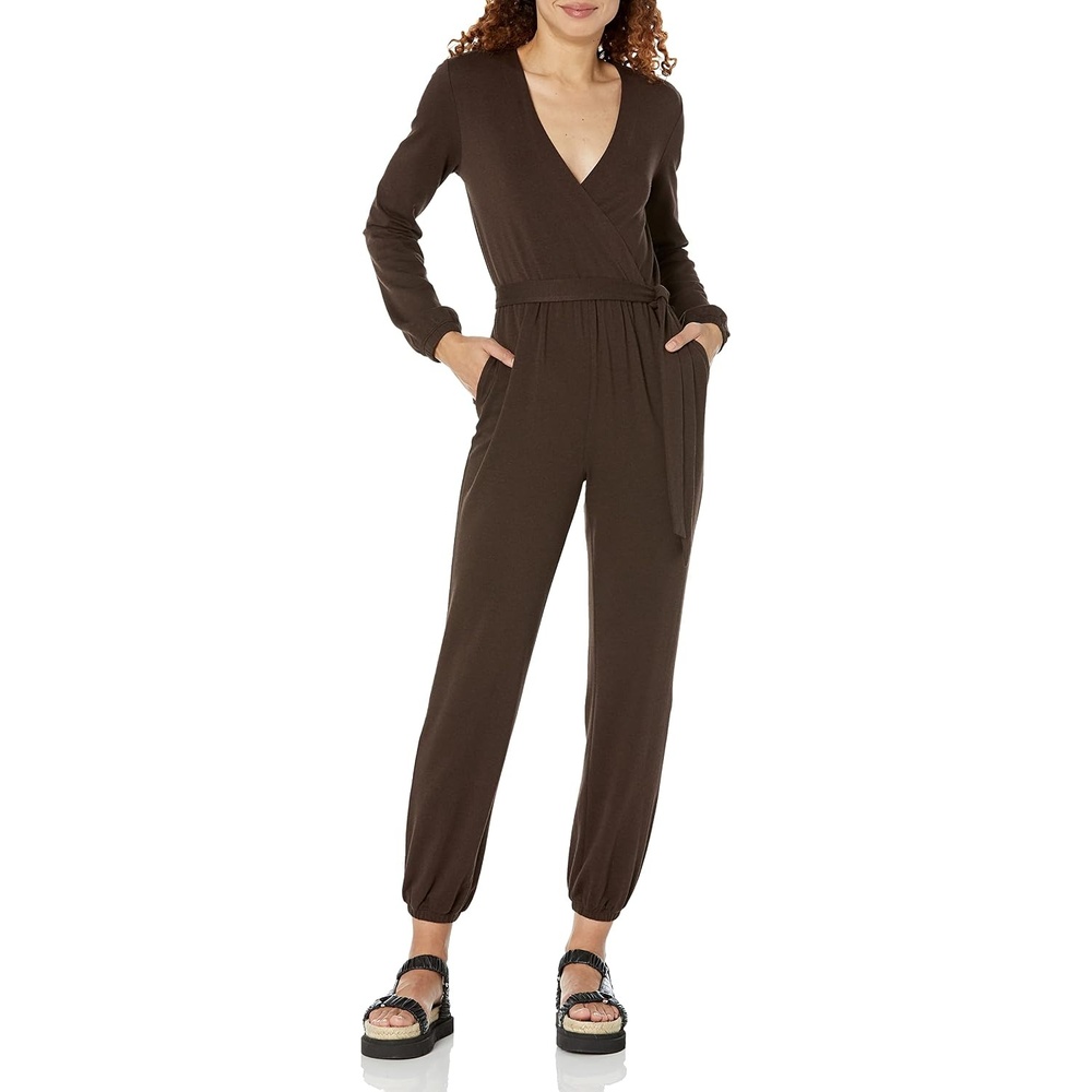 image:imageAmazon Essentials Womens Versatile Knit Surplice Jumpsuit with Sleeves Elastic Waist Available in Plus SizeEspresso