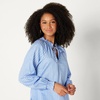 Amazon Essentials Women’s Relaxed-Fit Ruffle-Neck Cotton Sateen Blouse(Blue White Stripe)