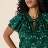 Amazon Essentials Women’s Relaxed-Fit Ruffle-Neck Cotton Sateen Blouse(Dark Green Green Birds)