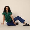 Amazon Essentials Women’s Relaxed-Fit Ruffle-Neck Cotton Sateen Blouse(Dark Green Green Birds)