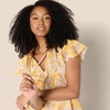 Amazon Essentials Women’s Relaxed-Fit Ruffle-Neck Cotton Sateen Blouse(Golden Yellow Folk Floral Multi)