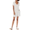 Amazon Essentials Women’s Supersoft Terry Short-Sleeve V-Neck Romper (Previously Daily Ritual)(Black White Thin Stripe)