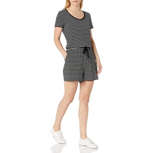 Amazon Essentials Women’s Casual Summer Short-Sleeve Scoop Neck Romper with Elastic Waist(Black Thin Stripe)