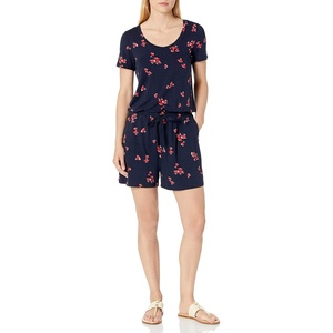Amazon Essentials Women’s Casual Summer Short-Sleeve Scoop Neck Romper with Elastic Waist(Navy Red Tulips)