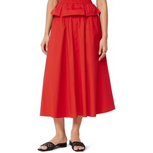 Amazon Essentials Women’s Mid-Rise A-Line Cotton Stretch Poplin Midi Skirt with Elastic Waist(Red)