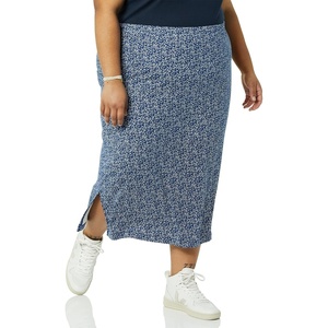 Amazon Essentials Women’s Pull-On Knit Midi Skirt with Elastic Waist, Slits(Navy  Animal Dot)