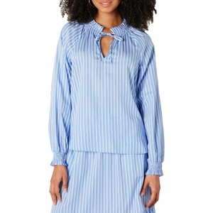 Amazon Essentials Women’s Relaxed-Fit Ruffle-Neck Cotton Sateen Blouse(Blue White Stripe)