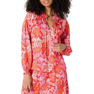 Amazon Essentials Women’s Relaxed-Fit Ruffle-Neck Cotton Sateen Blouse(Bright Poppy Red Folk Floral Multi)