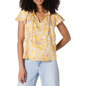 Amazon Essentials Women’s Relaxed-Fit Ruffle-Neck Cotton Sateen Blouse(Golden Yellow Folk Floral Multi)