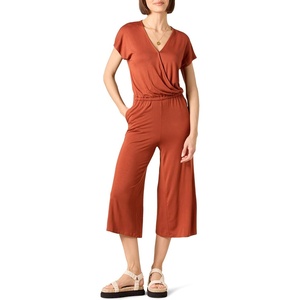 Amazon Essentials Women’s Short-Sleeve V-Neck Surplice Cropped Wide-Leg Jumpsuit with Elastic Waist(Clay)