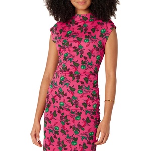 Amazon Essentials Women’s Slim-Fit Extended-Sleeve Ruched Matte Jersey Top with Mock Neck(Hot Pink Leafy Floral Ditsy)