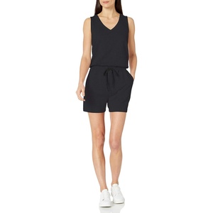 Amazon Essentials Women’s Studio Terry V Neck Romper, Stretchy Exercise Loungewear, Soft(Black)