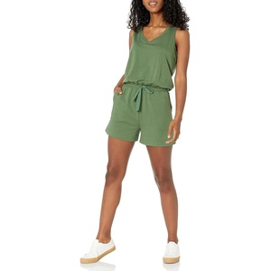 Amazon Essentials Women’s Studio Terry V Neck Romper, Stretchy Exercise Loungewear, Soft(Military Green)