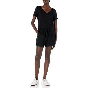 Amazon Essentials Women’s Supersoft Terry Short-Sleeve V-Neck Romper (Previously Daily Ritual)(Black)