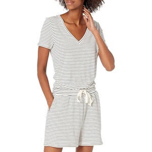 Amazon Essentials Women’s Supersoft Terry Short-Sleeve V-Neck Romper (Previously Daily Ritual)(Black White Thin Stripe)